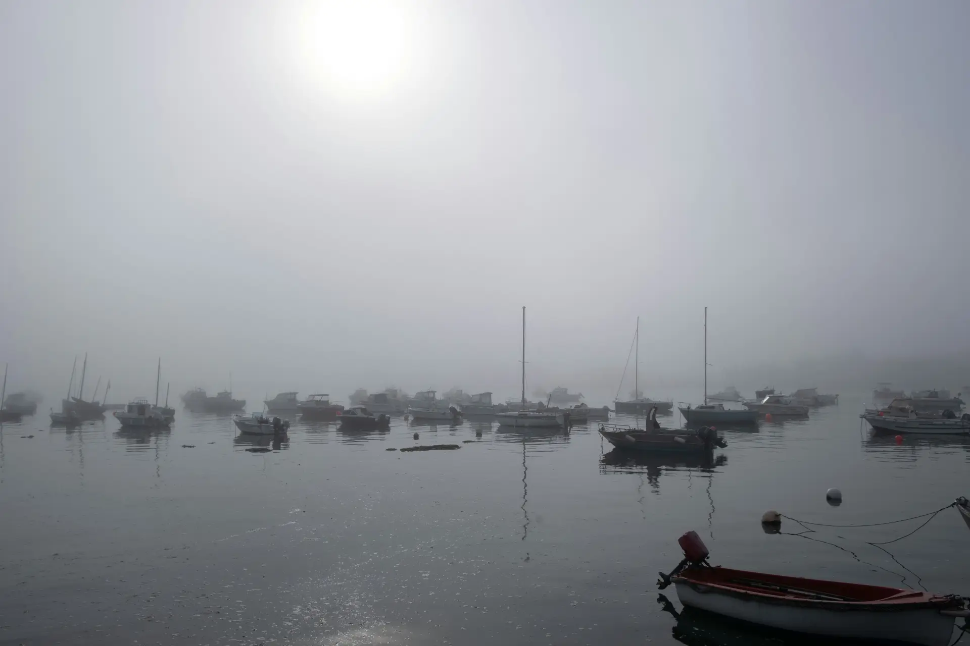 Port dans le brouillard du matin, bateaux au mouillage et chaloupe au premier plan